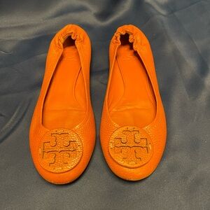 Tory Burch Reva flats, orange pebbled leather size 8. Worn twice.